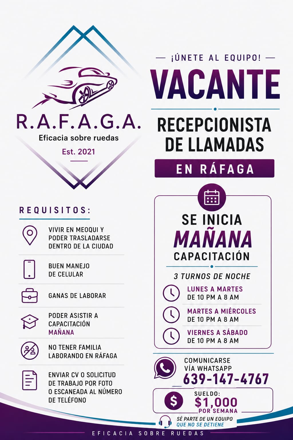 Vacante disponible en R.A.F.A.G.A.